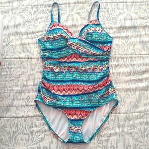 Jantzen One Piece Swimsuit Multicolor Cross Front Padded Blue Pink M/L